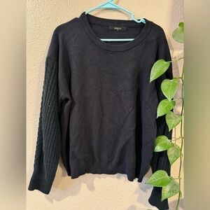 ZESICA black crew neck sweater with mixed knit sleeves.